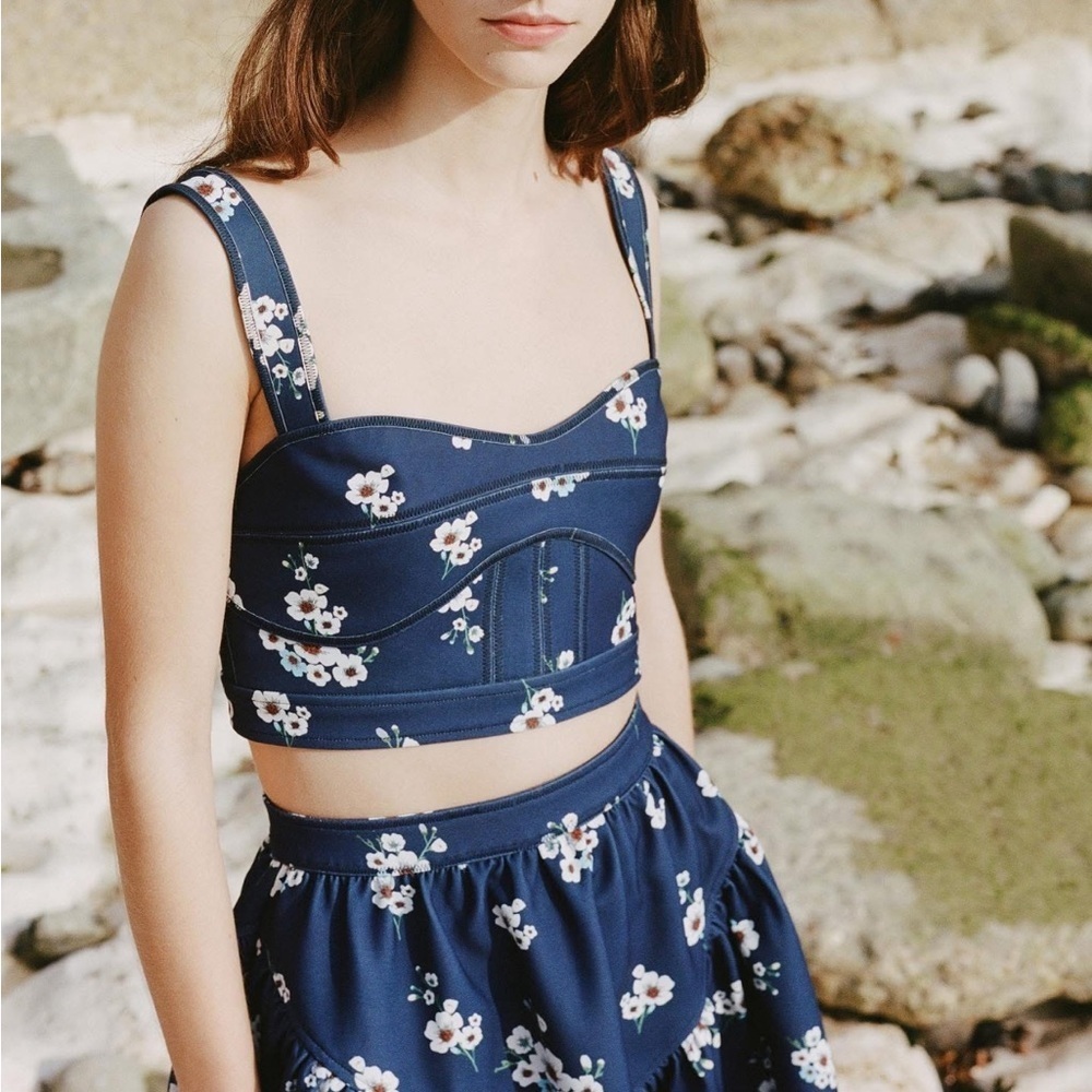 NWT Self-Portrait Pansy Print Crepe Crop Top Size US 4